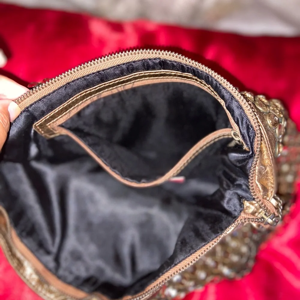 Betsey Johnson Gold Jeweled Shoulder Bag with Red Accents